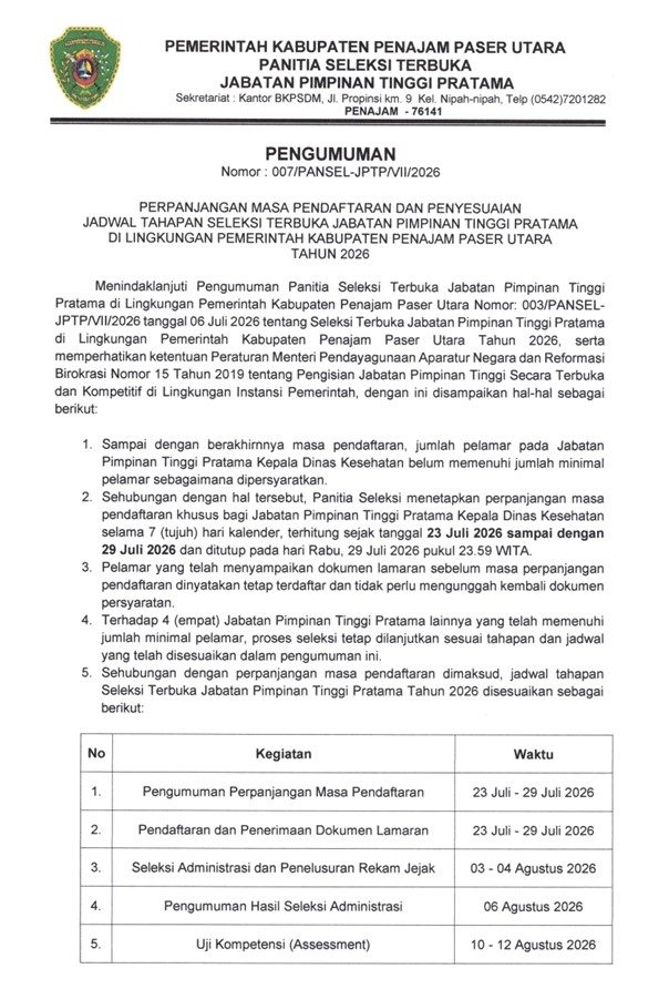 PENGUMUMAN PERPANJANGAN MASA PENDAFTARAN DAN PENYESUAIAN JADWAL TAHAPAN SELEKSI TERBUKA JABATAN PIMPINAN TINGGI PRATAMA DI LINGKUNGAN PEMERINTAH KABUPATEN PENAJAM PASER UTARA TAHUN 2026