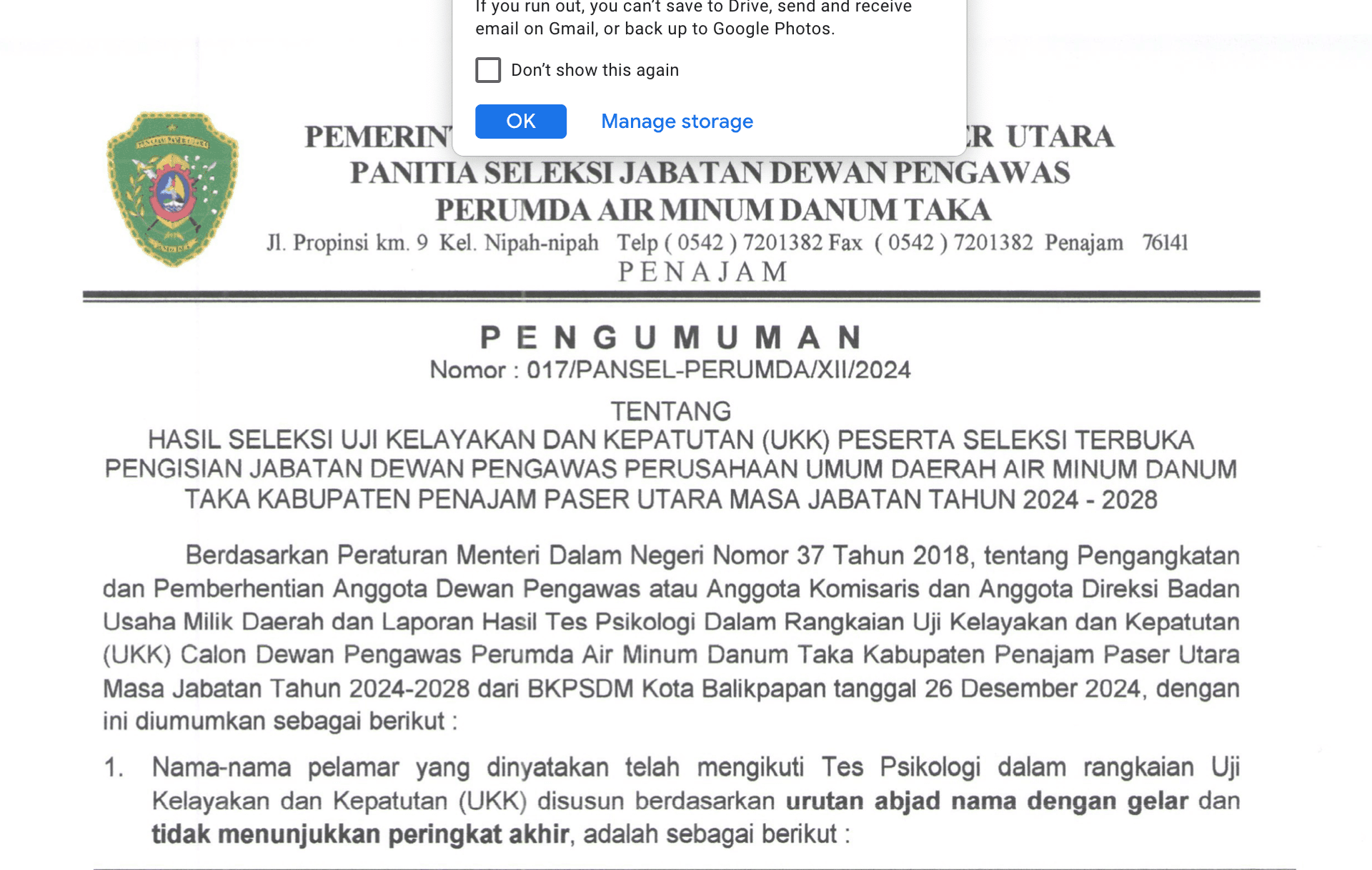 PENGUMUMAN HASIL SELEKSI UJI KELAYAKAN DAN KEPATUTAN (UKK) PESERTA SELEKSI TERBUKA PENGISIAN JABATAN DEWAN PENGAWAS PERUSAHAAN UMUM DAERAH AIR MINUM DANUM TAKA KEBUPATEN PENAJAM PASER UTARA MASA JABATAN TAHUN 2024-2028
