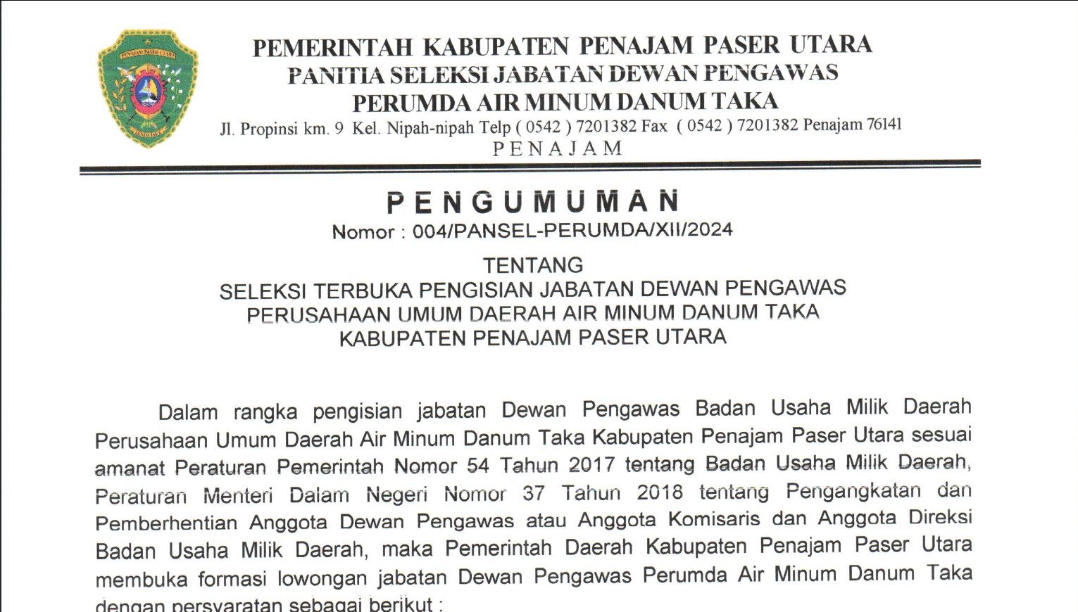 PENGUMUMAN TERBUKA PENGISIAN JABATAN DEWAN PENGAWAS PERUSAHAAN UMUM DAERAH AIR MINUM DANUM TAKA KABUPATEN PENAJAM PASER UTARA