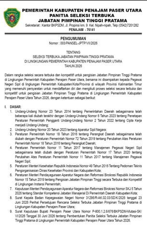 Pengumuman Seleksi Terbuka Jabatan Pimpinan Tinggi Pratama Pemerintah Kabupaten Penajam Paser Utara Tahun 2026